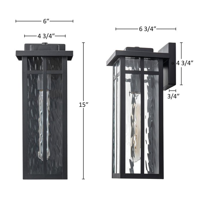 15 in. Matte Black Outdoor Hardwired Wall Lantern Sconces with Water Glass, No Bulbs Included (2-Pack)