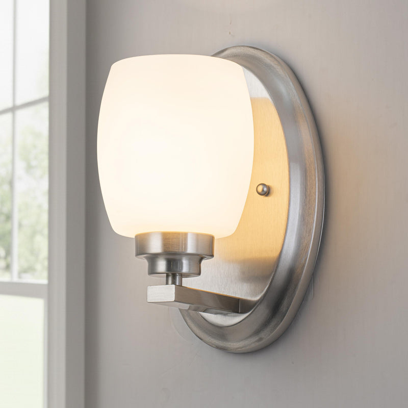 1-Light Satin Nickel Wall Sconce with White Opal Glass (1-Pack)