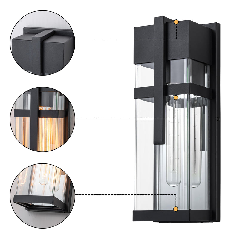 Black Outdoor Wall Lantern with Mirror Reflector and Clear Tempered Glass(2-Pack)