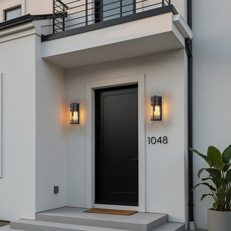 Black Outdoor Wall Lantern with Mirror Reflector and Clear Tempered Glass(2-Pack)