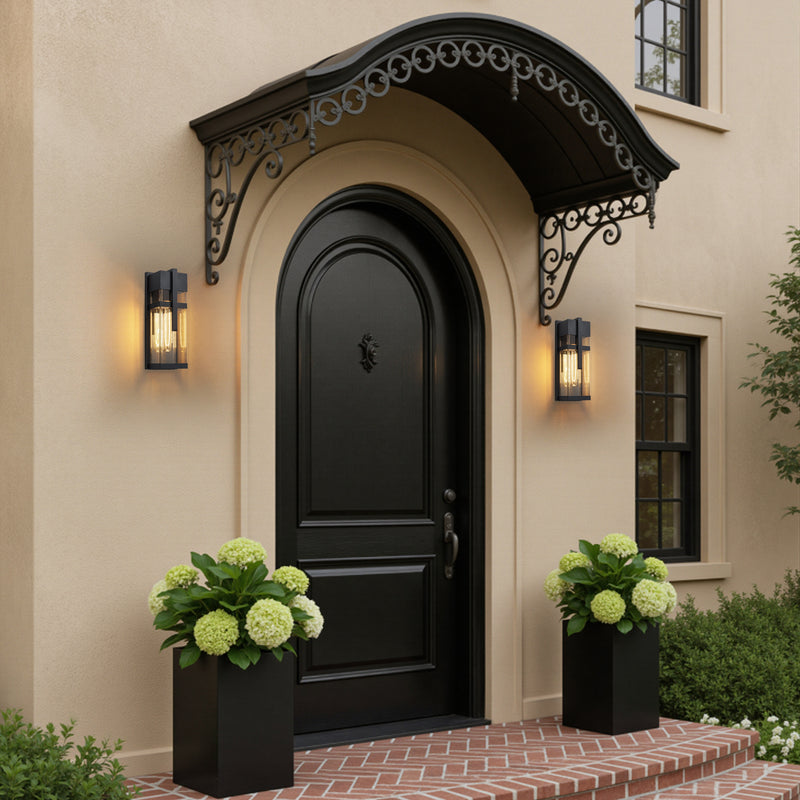 Black Outdoor Wall Lantern with Mirror Reflector and Clear Tempered Glass(2-Pack)