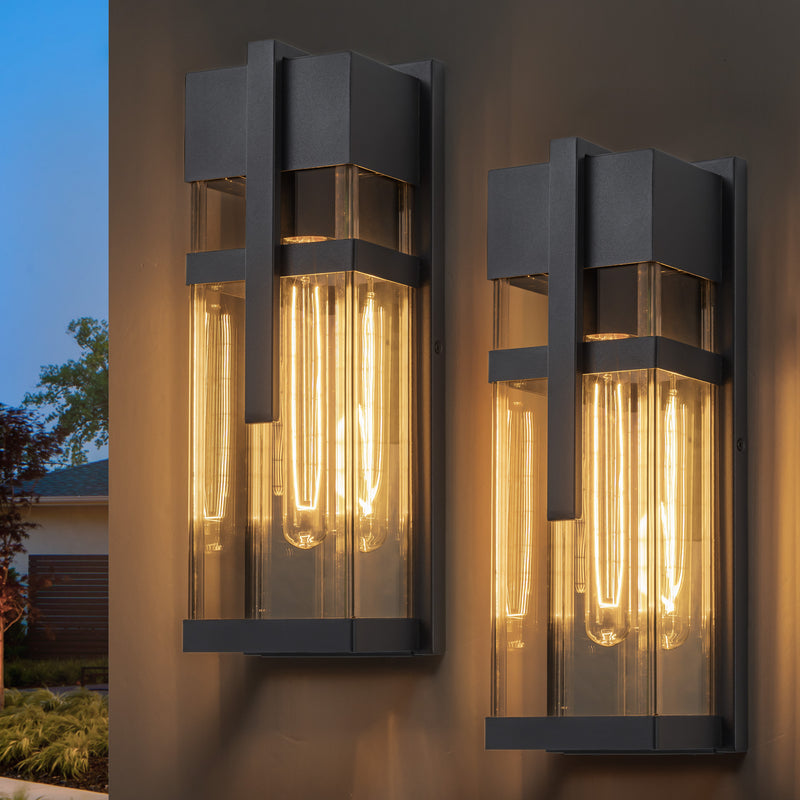 Black Outdoor Wall Lantern with Mirror Reflector and Clear Tempered Glass(2-Pack)