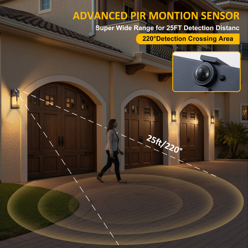 Black Motion Sensing Outdoor Wall Lantern with Mirror Reflector and Clear Tempered Glass(2-Pack)