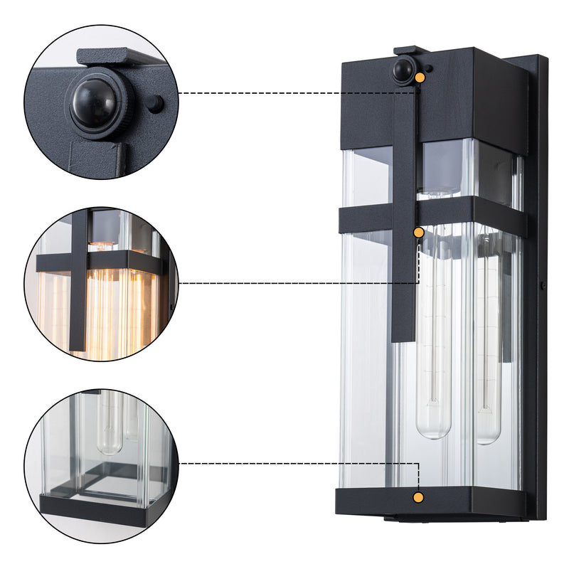 Black Motion Sensing Outdoor Wall Lantern with Mirror Reflector and Clear Tempered Glass(2-Pack)