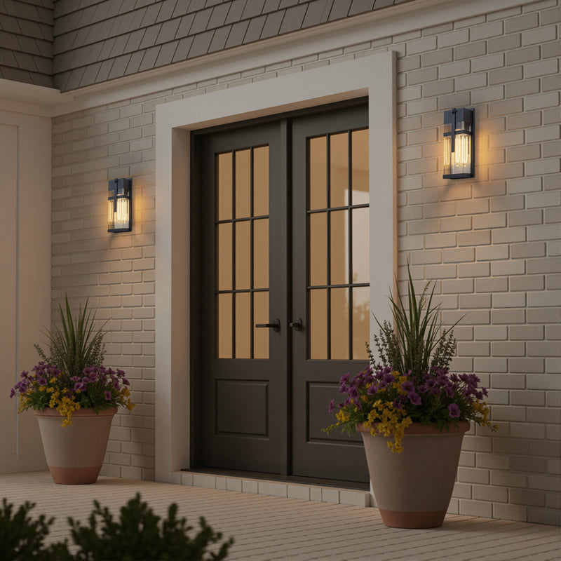 Black Motion Sensing Outdoor Wall Lantern with Mirror Reflector and Clear Tempered Glass(2-Pack)