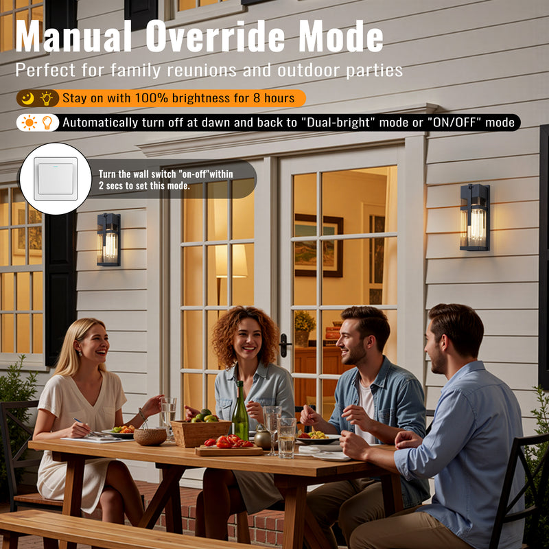 Black Motion Sensing Outdoor Wall Lantern with Mirror Reflector and Clear Tempered Glass(2-Pack)