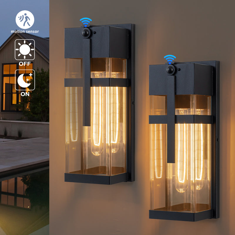 Black Motion Sensing Outdoor Wall Lantern with Mirror Reflector and Clear Tempered Glass(2-Pack)