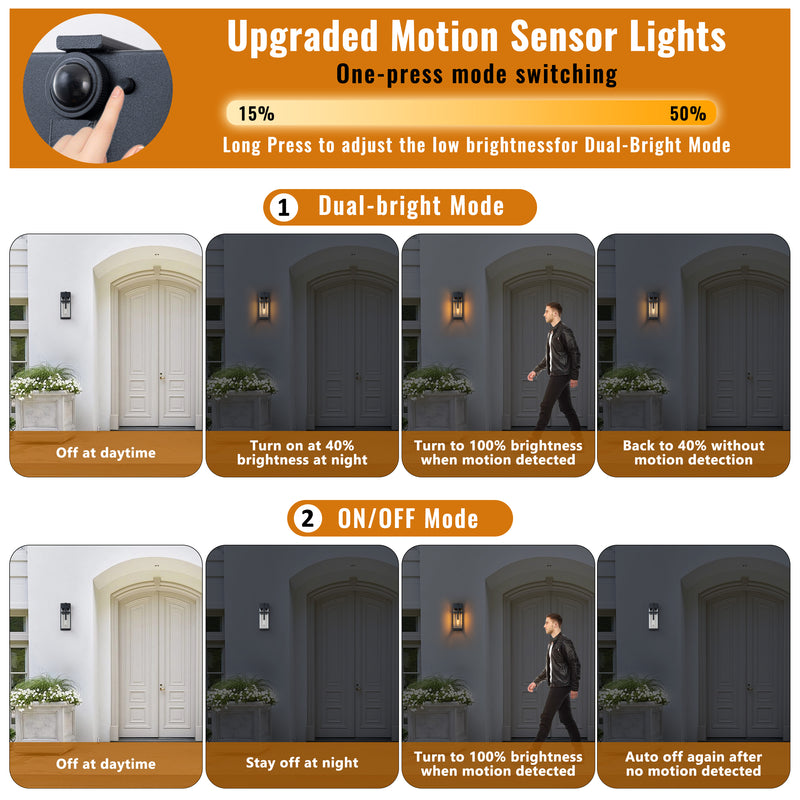 Black Motion Sensing Outdoor Wall Lantern with Mirror Reflector and Clear Tempered Glass(2-Pack)