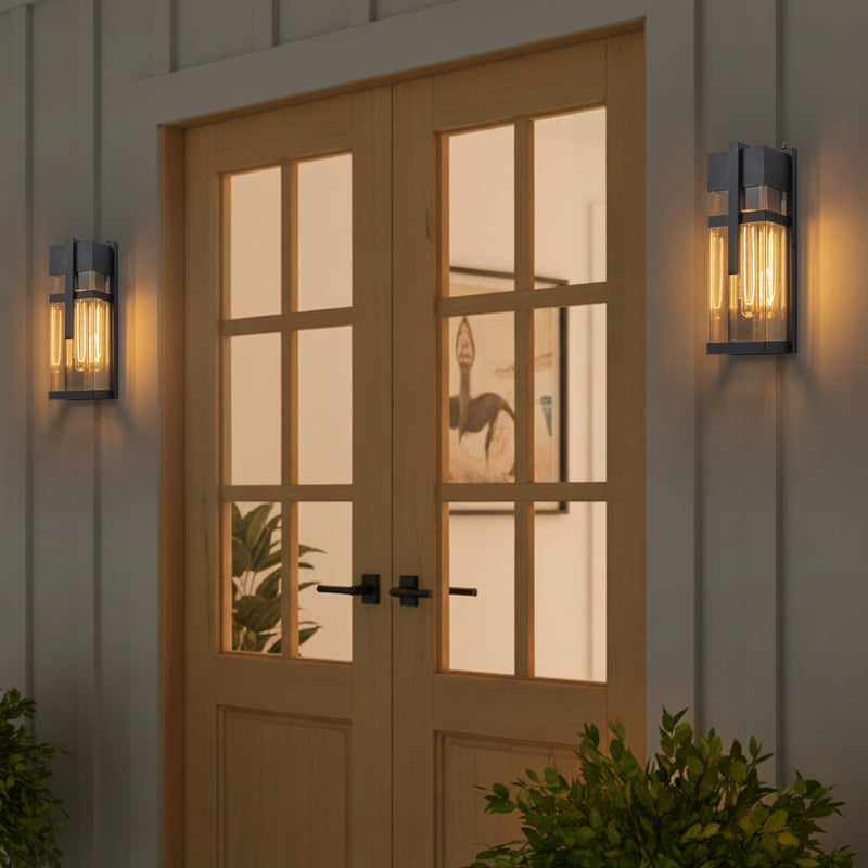 Black Dusk to Dawn Outdoor Wall Lantern with Mirror Reflector and Clear Tempered Glass(2-Pack)