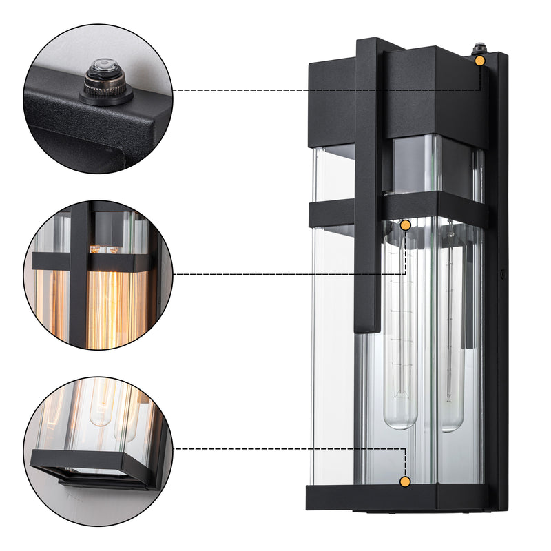 Black Dusk to Dawn Outdoor Wall Lantern with Mirror Reflector and Clear Tempered Glass(2-Pack)