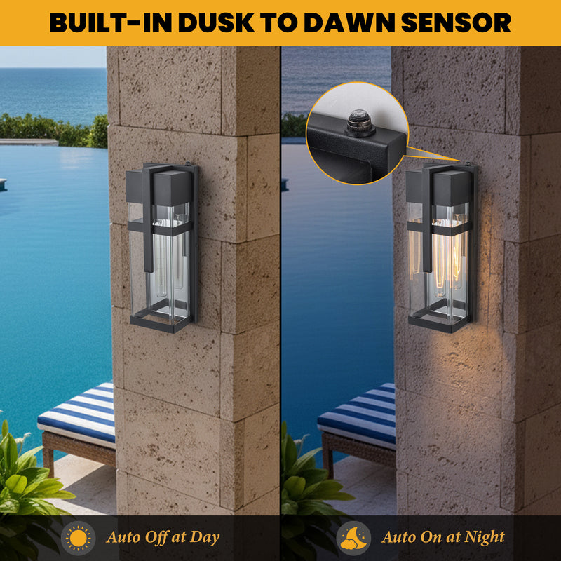 Black Dusk to Dawn Outdoor Wall Lantern with Mirror Reflector and Clear Tempered Glass(2-Pack)