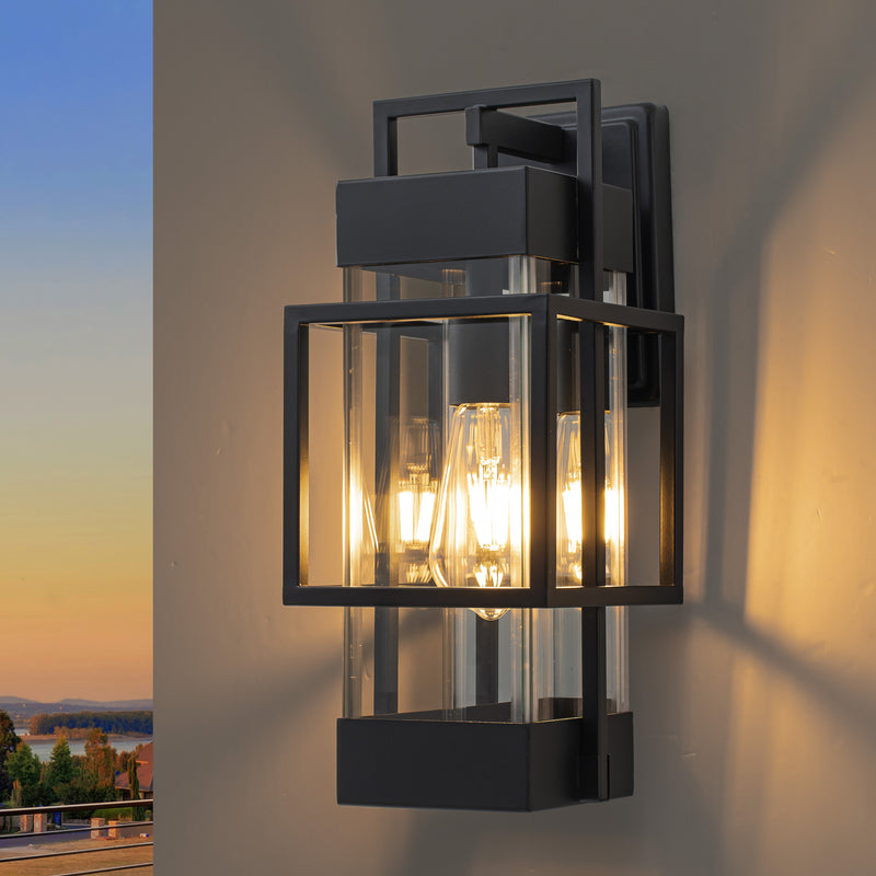 Black 1-Light Outdoor Wall Lantern Sconce with Mirror Reflector
