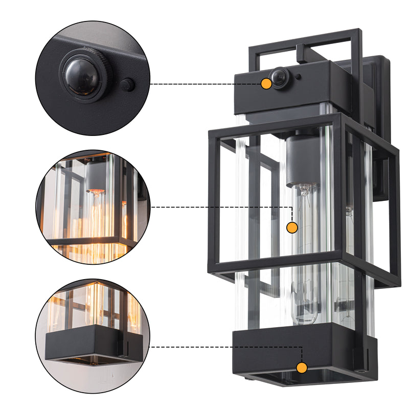 Black 1-Light Motion Sensing Dusk to Dawn Outdoor Wall Lantern Sconce with Mirror Reflector