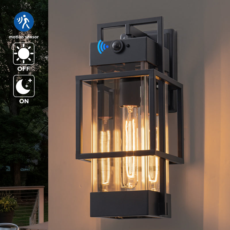 Black 1-Light Motion Sensing Dusk to Dawn Outdoor Wall Lantern Sconce with Mirror Reflector