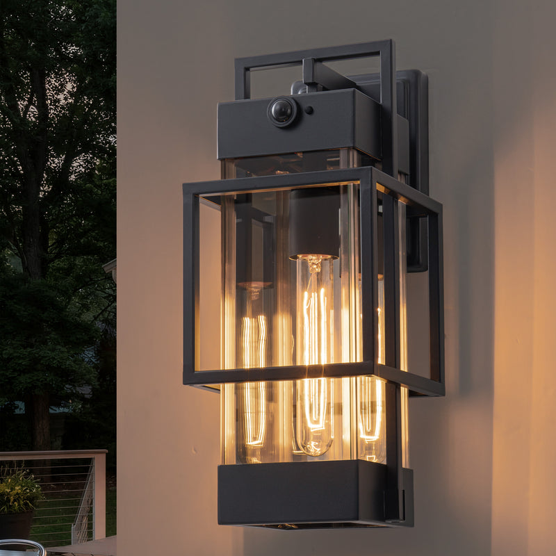 Black 1-Light Motion Sensing Dusk to Dawn Outdoor Wall Lantern Sconce with Mirror Reflector