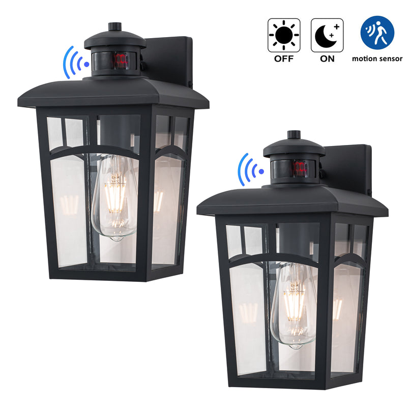 Black Motion Sensor Dusk to Dawn Outdoor Wall Lantern（2-Pack）