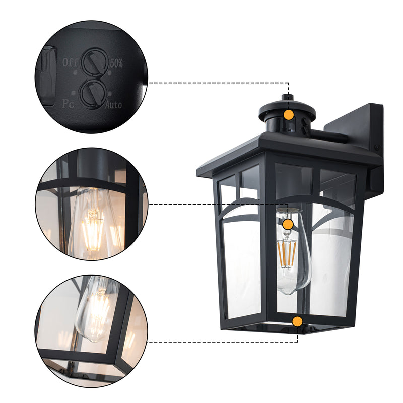 Black Motion Sensor Dusk to Dawn Outdoor Wall Lantern（2-Pack）
