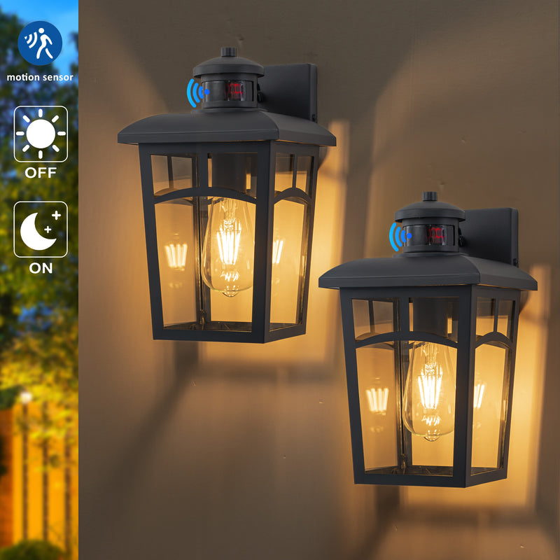 Black Motion Sensor Dusk to Dawn Outdoor Wall Lantern（2-Pack）