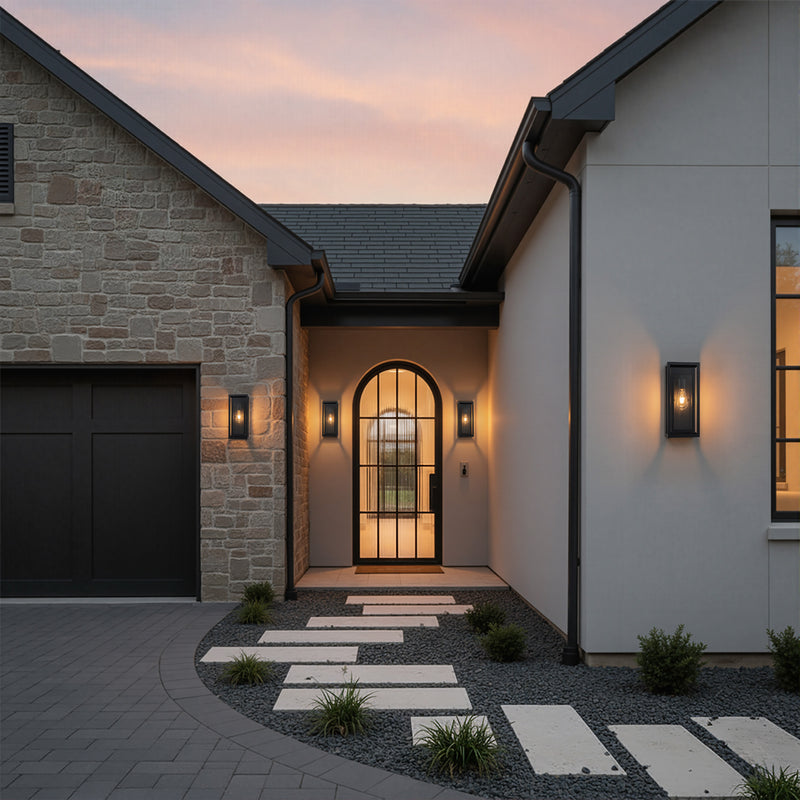 Black Outdoor Wall Lantern Sconce with Tempered Glass Shade