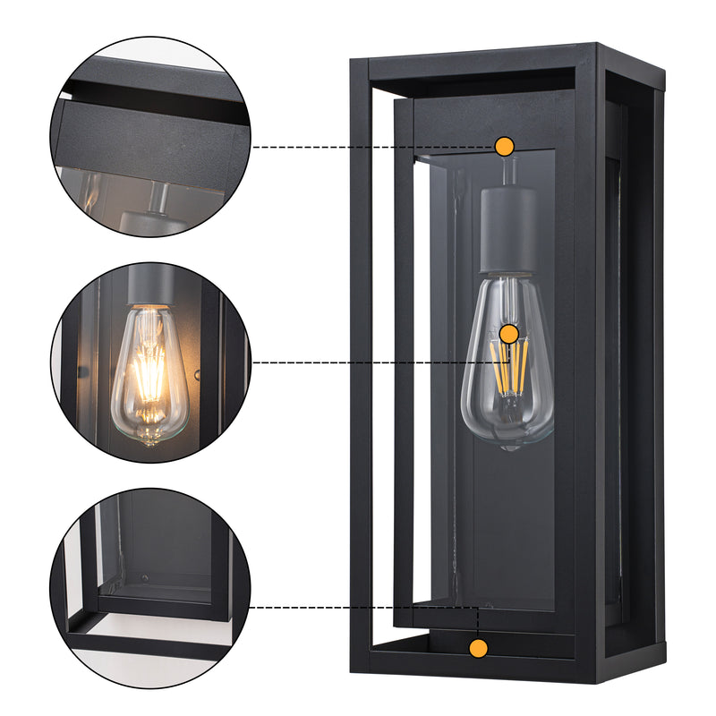 Black Outdoor Wall Lantern Sconce with Tempered Glass Shade
