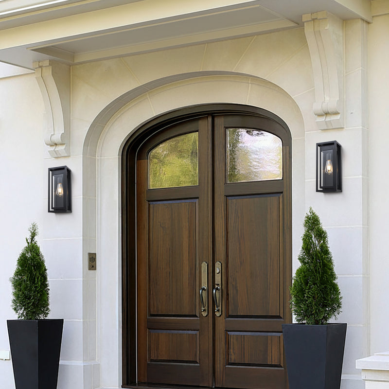 Black Outdoor Wall Lantern Sconce with Tempered Glass Shade