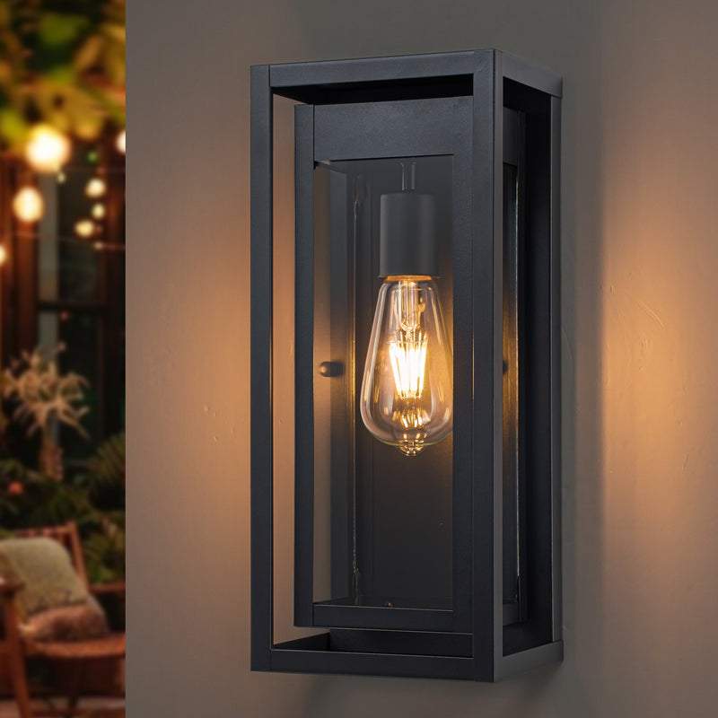 Black Outdoor Wall Lantern Sconce with Tempered Glass Shade