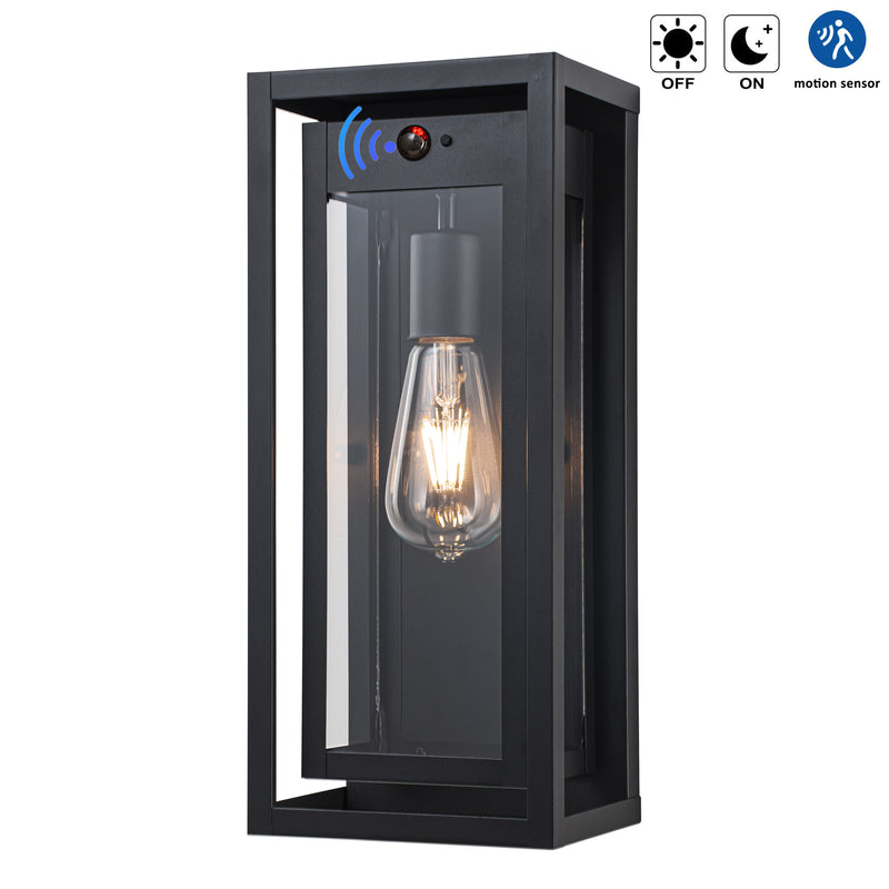 Black Motion Sensor Outdoor Wall Lantern Sconce with Tempered Glass Shade