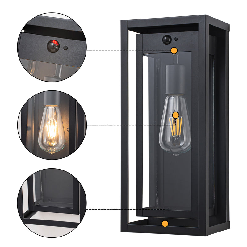 Black Motion Sensor Outdoor Wall Lantern Sconce with Tempered Glass Shade