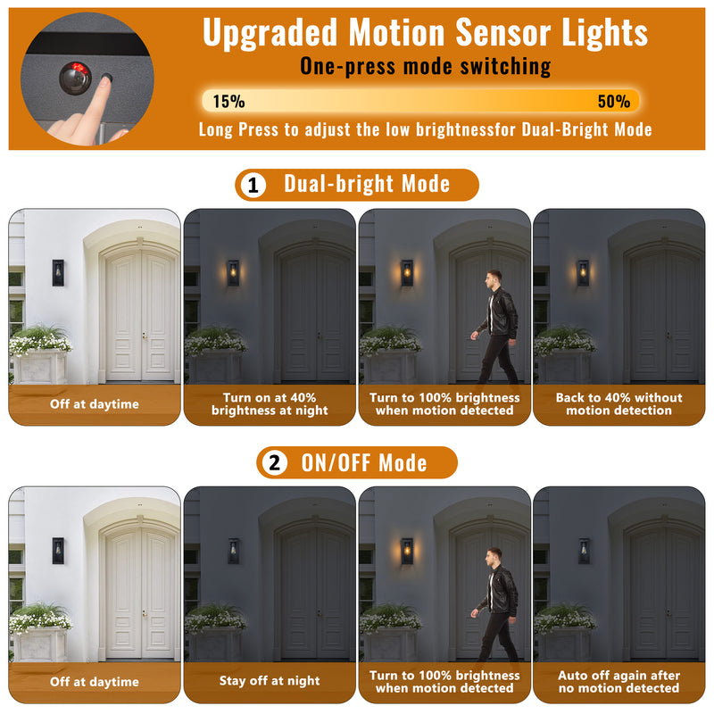 Black Motion Sensor Outdoor Wall Lantern Sconce with Tempered Glass Shade