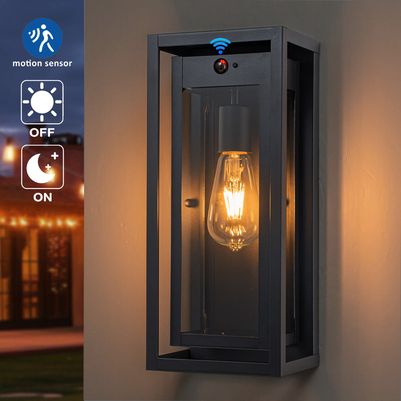 Black Motion Sensor Outdoor Wall Lantern Sconce with Tempered Glass Shade