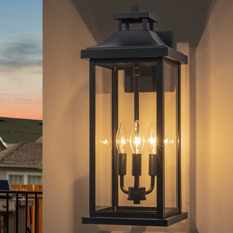 19.5 in. Black Outdoor Wall Lantern with Tempered Glass Shade