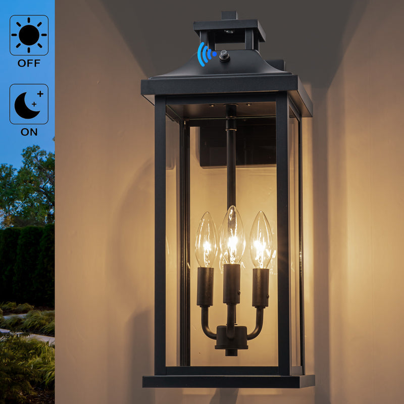 19.5 in. Black Dusk to Dawn Outdoor Wall Lantern with Tempered Glass Shade