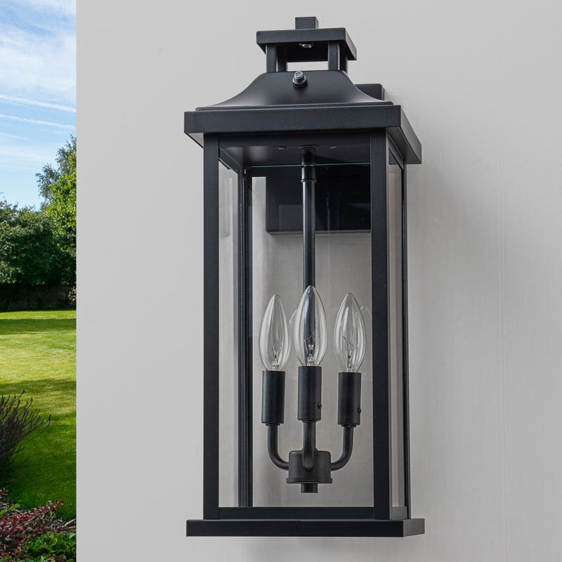 19.5 in. Black Dusk to Dawn Outdoor Wall Lantern with Tempered Glass Shade