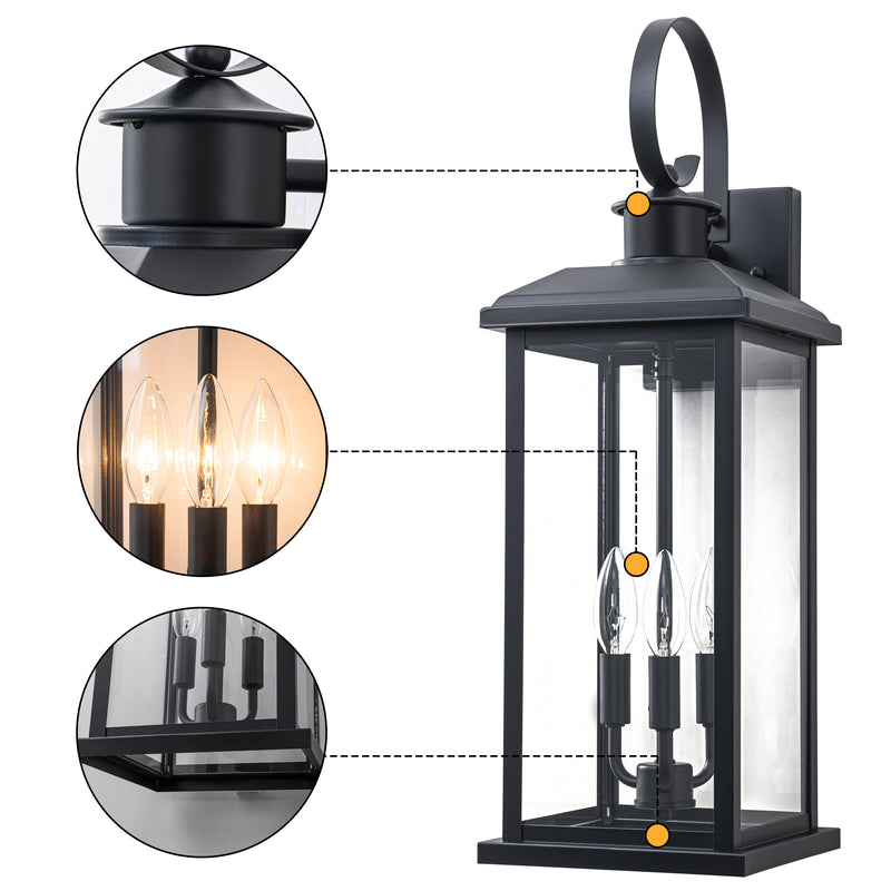23.75in. Oversize Black Outdoor Wall Lantern with Tempered Glass Shade