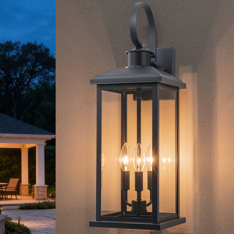 23.75in. Oversize Black Outdoor Wall Lantern with Tempered Glass Shade
