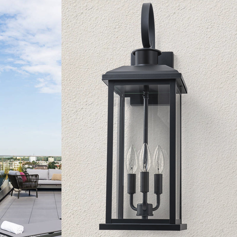 23.75in. Oversize Black Outdoor Wall Lantern with Tempered Glass Shade