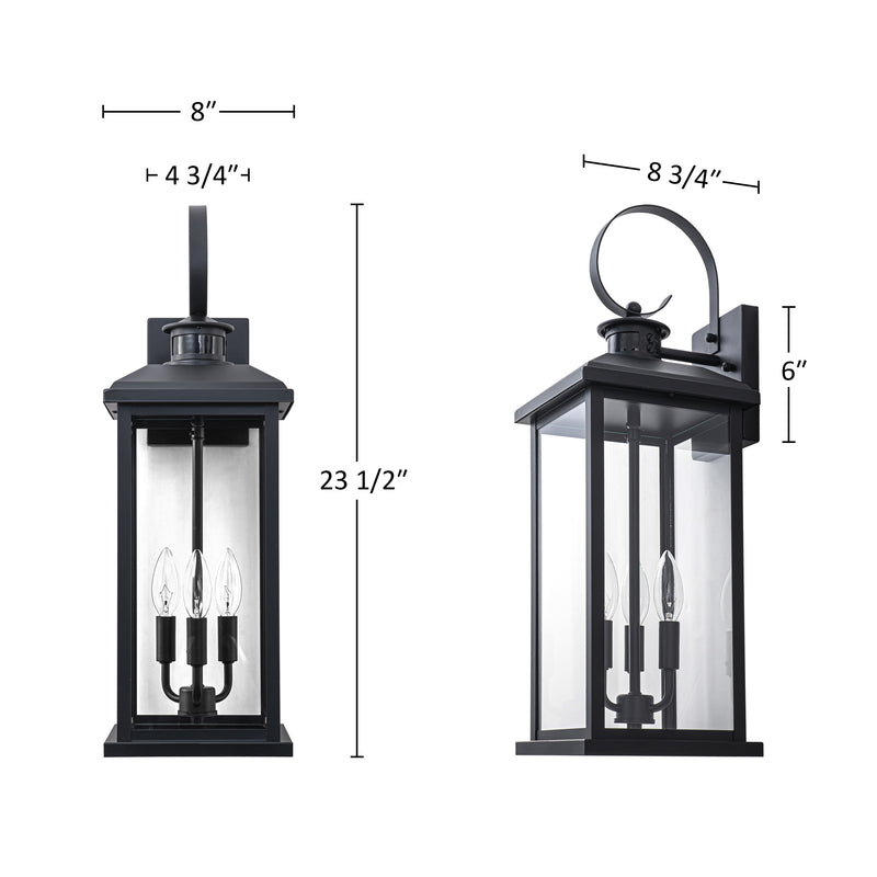 23.5in. Oversize Black Motion Sensor Dusk to Dawn Outdoor Wall Lantern with Tempered Glass Shade