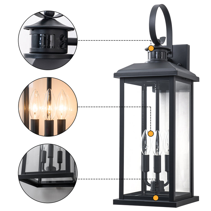 23.5in. Oversize Black Motion Sensor Dusk to Dawn Outdoor Wall Lantern with Tempered Glass Shade