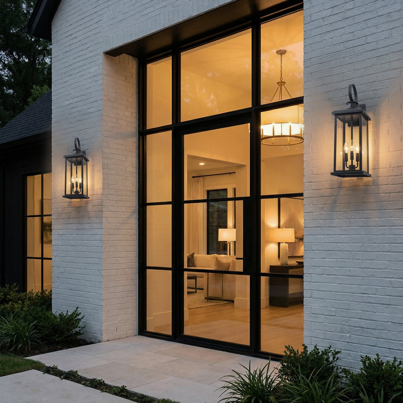 23.5in. Oversize Black Motion Sensor Dusk to Dawn Outdoor Wall Lantern with Tempered Glass Shade