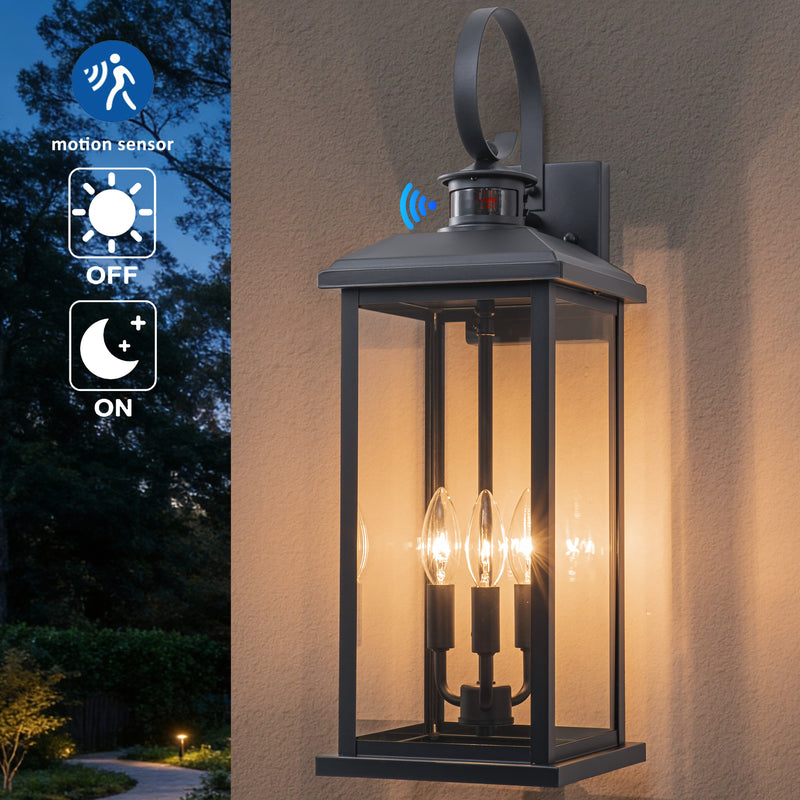 23.5in. Oversize Black Motion Sensor Dusk to Dawn Outdoor Wall Lantern with Tempered Glass Shade