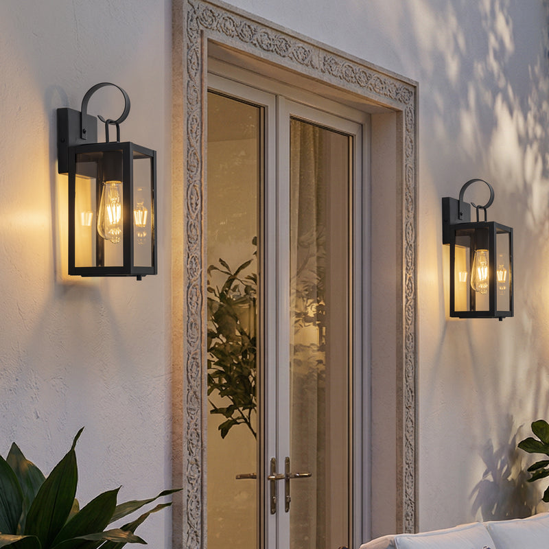 Black Outdoor Wall Lantern with Tempered Glass Shade and Closed Bottom (2-Pack)