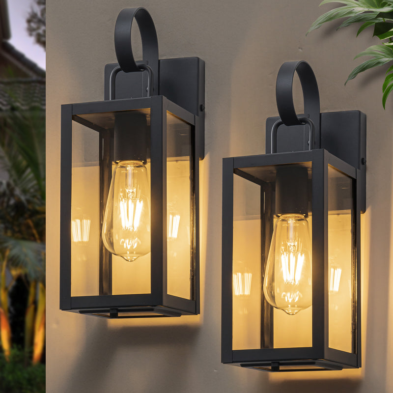 Black Outdoor Wall Lantern with Tempered Glass Shade and Closed Bottom (2-Pack)