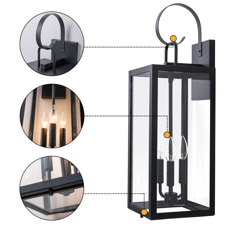 25.5in. Large Black Outdoor Wall Lantern Sconce with Tempered Glass and Closed Bottom (1-Pack)