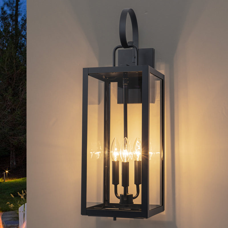 25.5in. Large Black Outdoor Wall Lantern Sconce with Tempered Glass and Closed Bottom (1-Pack)