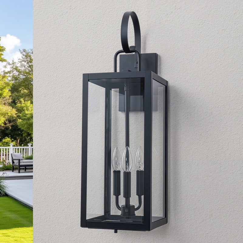 25.5in. Large Black Outdoor Wall Lantern Sconce with Tempered Glass and Closed Bottom (1-Pack)