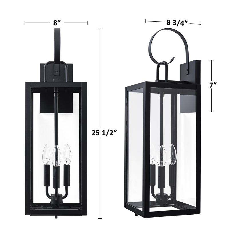 25.5in. Large Black Outdoor Wall Lantern Sconce with Tempered Glass and Closed Bottom (1-Pack)