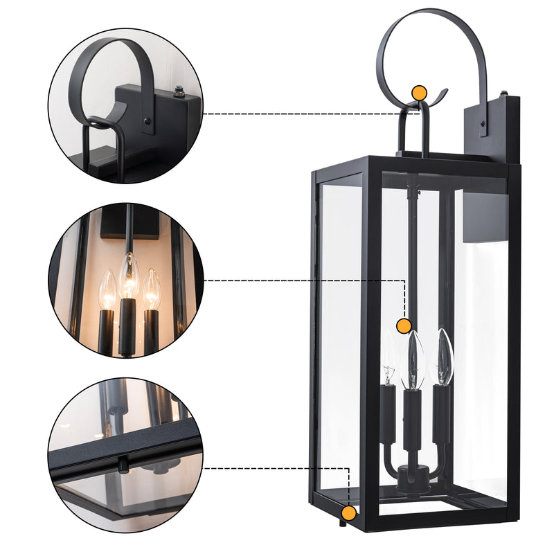 25.5in. Large Black Dusk to Dawn Outdoor Wall Lantern Sconce with Tempered Glass and Closed Bottom (1-Pack)