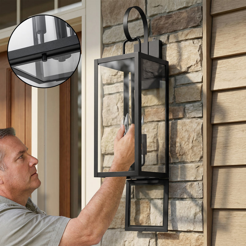 25.5in. Large Black Dusk to Dawn Outdoor Wall Lantern Sconce with Tempered Glass and Closed Bottom (1-Pack)