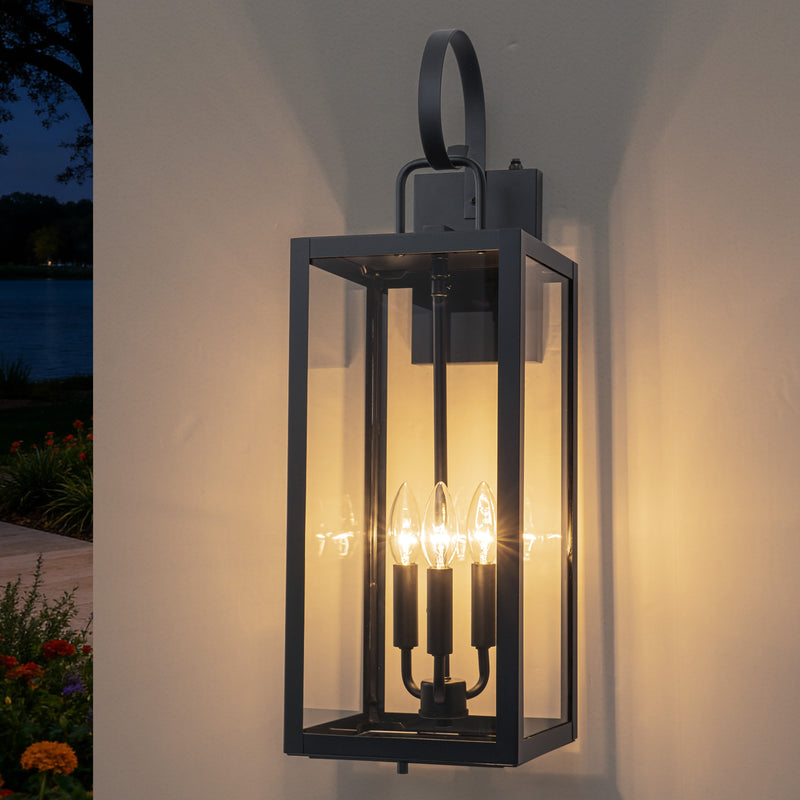 25.5in. Large Black Dusk to Dawn Outdoor Wall Lantern Sconce with Tempered Glass and Closed Bottom (1-Pack)