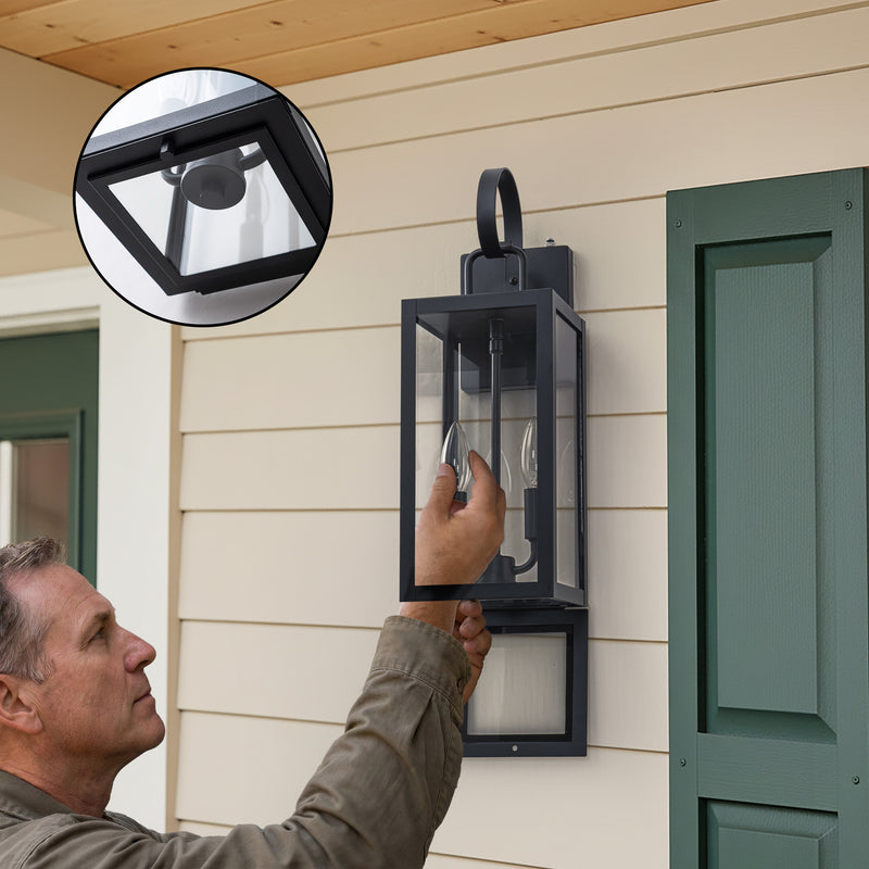 18.25 in. Black Dusk to Dawn Outdoor Wall Lantern with Tempered Glass Shade and Closed Bottom (1-Pack)